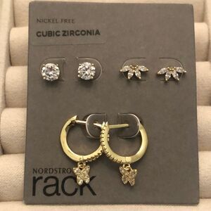 Nordstrom | 3 Pair Set CZ Gold Tone Earrings